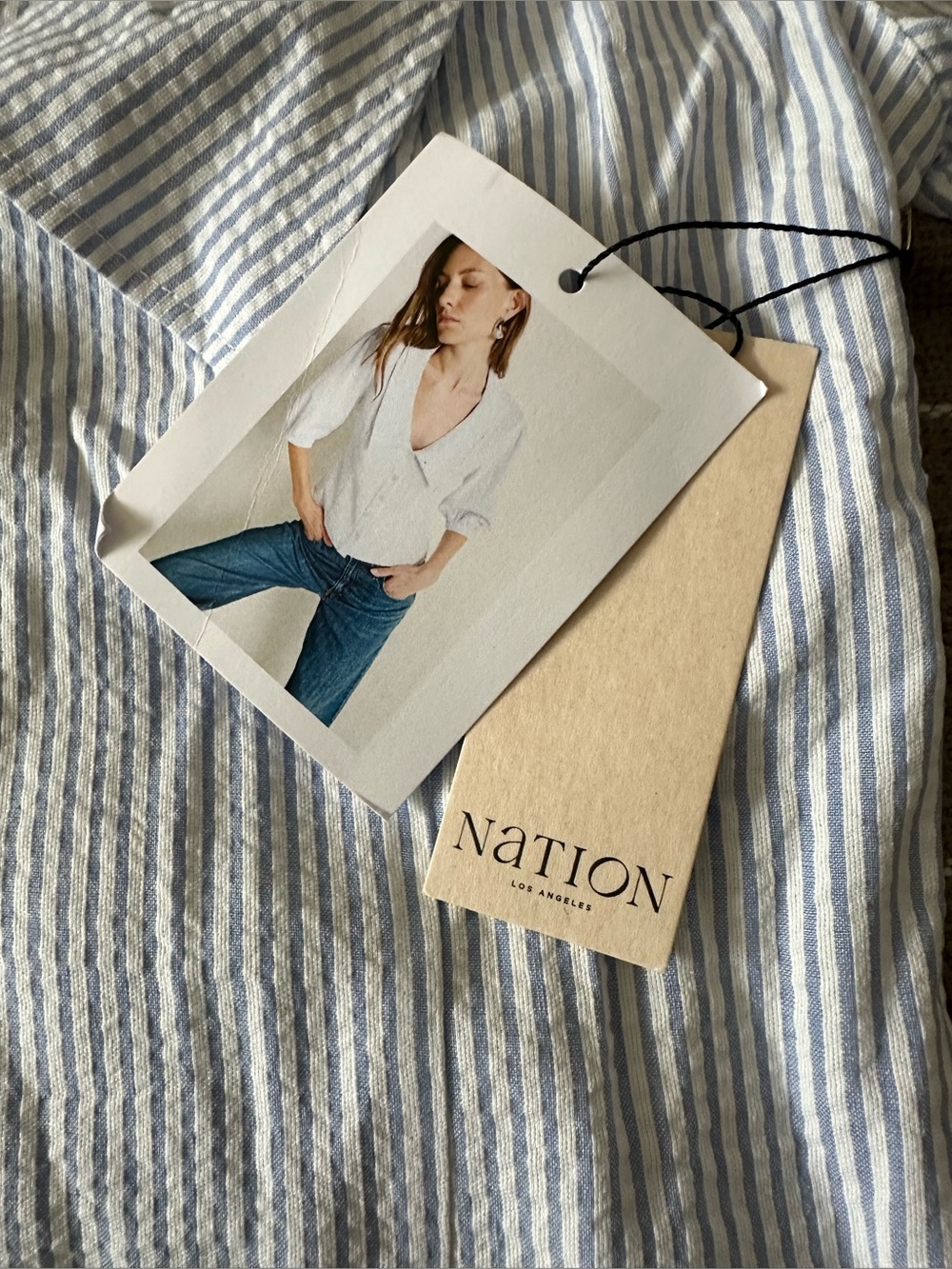 NATION LTD Veronique Blouse Large Blue Striped Button Front Oversized Collar NWT - Picture 7 of 7